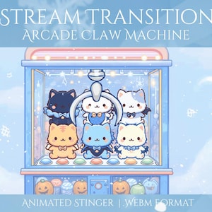 Puede incluir: Ilustración digital de una máquina de garra de arcade con gatos de dibujos animados. La imagen incluye el texto "Stream Transition Arcade Claw Machine" y "Animated Stinger | WEBM Format". Los gatos son de varios colores.
