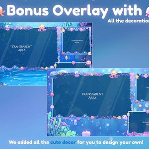 May include: Digital overlay design with a blue underwater theme. The design includes cartoon jellyfish, stars, and coral. Text reads "Bonus Overlay with All the decorations!" and "We added all the cute decor for you to design your own!"
