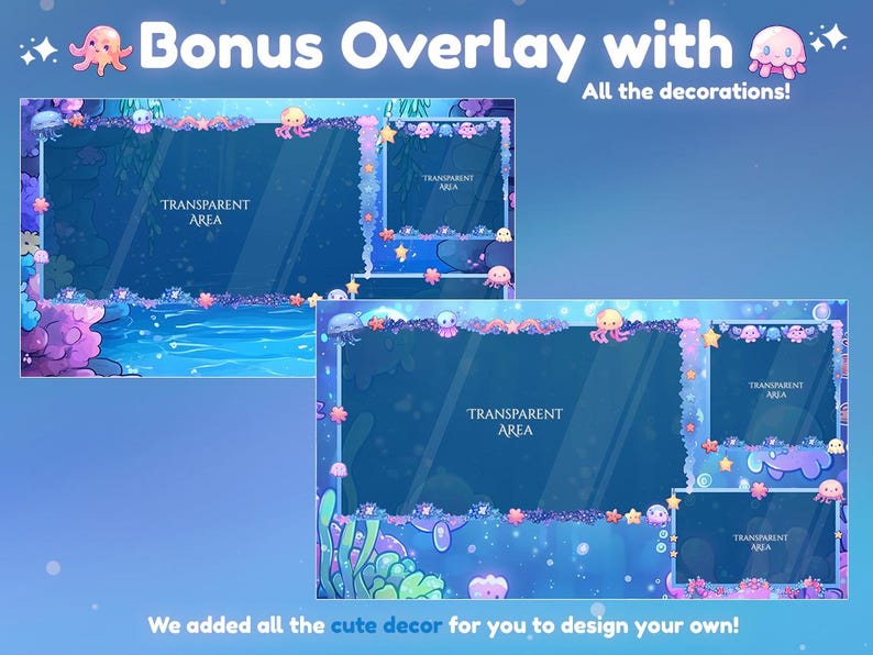 May include: Digital overlay design with a blue underwater theme. The design includes cartoon jellyfish, stars, and coral. Text reads "Bonus Overlay with All the decorations!" and "We added all the cute decor for you to design your own!"