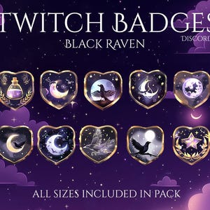Könnte beinhalten: Eine Sammlung von Twitch-Abzeichen mit dem Thema schwarzer Rabe. Jedes herzförmige Abzeichen hat einen goldenen Rand und ein einzigartiges Design, darunter Monde, Sterne und eine Flasche mit Trank. Der Text "TWITCH BADGES BLACK RAVEN" ist oben zu sehen.