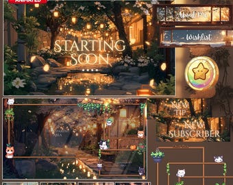 May include: A digital art package with a magical night theme. The design includes a serene garden scene with glowing lanterns, the text "STARTING SOON", and various animated overlays for streaming. Additional elements include "About me" and "Wishlist" sections.