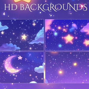 May include: Four digital backgrounds featuring a night sky with stars and clouds. The backgrounds are in shades of purple, blue, and pink. One background features a crescent moon.