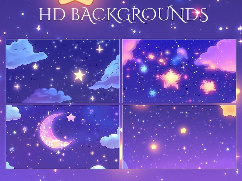May include: Four digital backgrounds featuring a night sky with stars and clouds. The backgrounds are in shades of purple, blue, and pink. One background features a crescent moon.