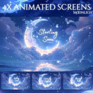May include: Animated screens with a celestial theme. The main screen features a crescent moon with the text "Starting Soon" against a backdrop of clouds and stars. Additional screens include "Ending Soon", "Currently Offline", and "Be right back".