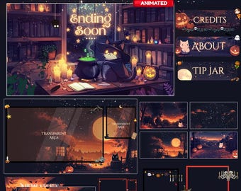 Black Overlay Twitch, Twitch screen | Animated Overlay Stream Package, Cat Twitch Cute Twitch Overlay Vtuber star overlay, autumn, black cat