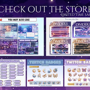 Puede incluir: Una colecci&oacute;n de activos digitales para streamers de Twitch, que incluyen superposiciones, paneles, alertas, insignias y divisores. Los activos presentan una gama de colores pastel con un tema de galaxia. El texto "CHECK OUT THE STORE - LIMITED TIME SALE" est&aacute; en la parte superior de la imagen.