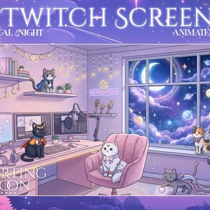 Könnte beinhalten: Animierter Twitch-Bildschirm mit dem Thema magische Nacht. Das Bild zeigt einen Raum mit Katzen, einen Schreibtisch mit Monitoren und ein Fenster mit Blick auf einen Sternenhimmel. Text enthält "Twitch Screens", "Magical Night", "Animated 4X" und "Starting Soon."