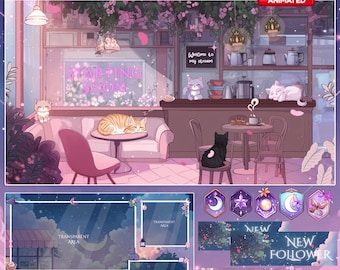 Cat Cafe Stream Package / Moon / Spring / Pastel / Cute / Overlay / Cats / Dreamy / Twitch screen / Twitch Overlay / Celestial | Cafe | Tea