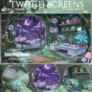 Op de afbeelding: Een geanimeerd Twitch-scherm met een magisch nachtthema. De illustratie toont een kamer met een bureau, twee monitoren en een kat. De achtergrond bevat een groot raam met een maan, bomen en paddenstoelen. Tekst luidt "Twitch Screens" en "Starting Soon."