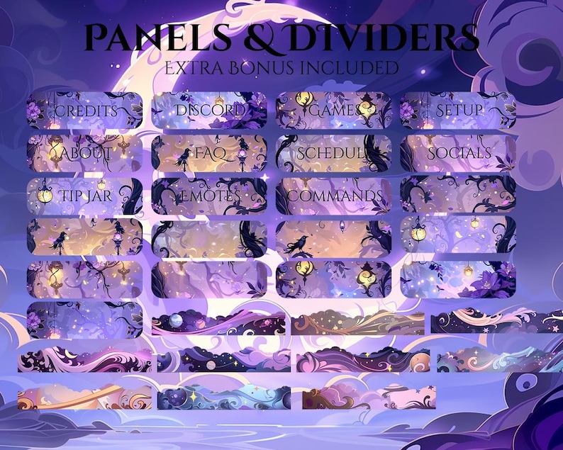 Op de afbeelding: Digitaal kunstontwerp met panelen en verdelers met een hemels thema. De panelen hebben tekstlabels zoals "Credits", "Discord" en "Games". Het kleurenpalet bevat tinten paars, blauw en goud, met decoratieve elementen zoals sterren en bloemmotieven.