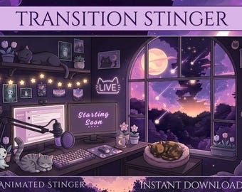 Lofi Cozy Room Stinger Transition, Animated Cat Stream Transition, Starry Night OBS, Cute Aesthetic VTuber Transition, Twitch Overlay