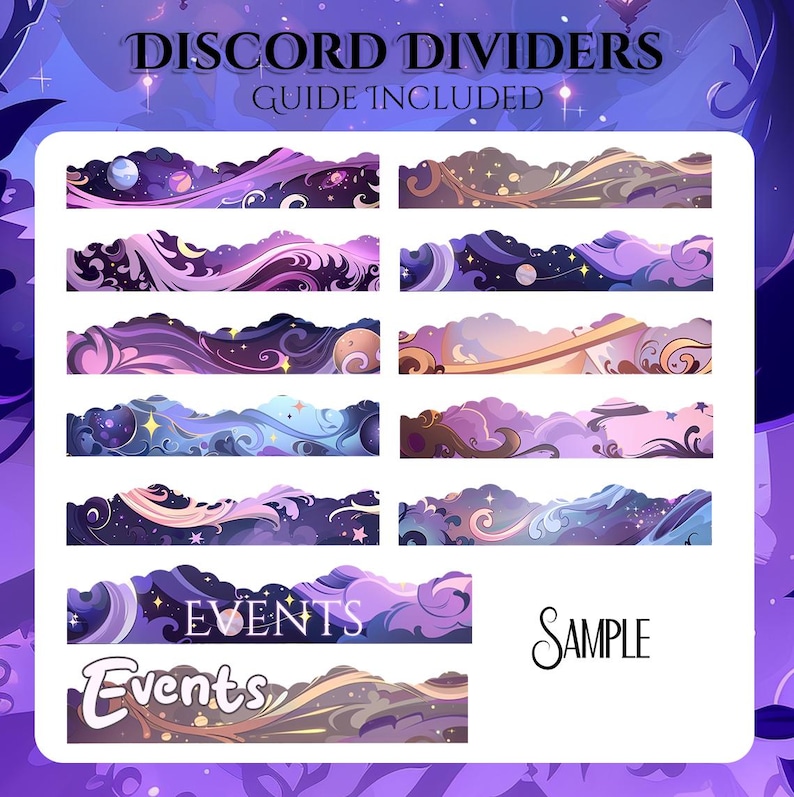 May include: A collection of Discord dividers with a celestial theme. The dividers feature swirling clouds, planets, and stars in shades of purple, blue, and gold. The text "Discord Dividers" and "Guide Included" are at the top. The word "Events" is also visible.