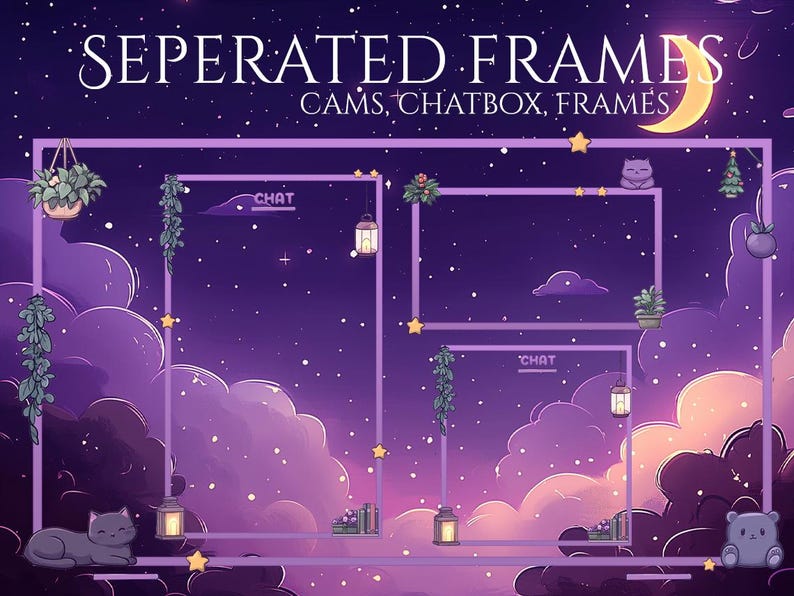 May include: Digital art featuring a purple night sky with clouds, stars, and a crescent moon. The image includes rectangular frames with decorative elements like plants, lanterns, and cartoon animals. Text at the top reads "SEPERATED FRAMES" and "CAMS, CHATBOX, FRAMES".