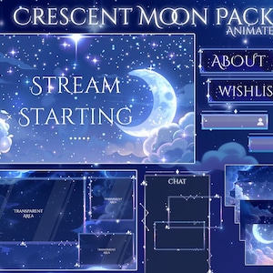 Crescent Moon Twitch Overlay, Twitch screen | Animated Overlay Stream Package Starry Sky | Cute | Cloud | Christmas | Sparkle | Vtuber Pack