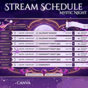 May include: A purple and gold stream schedule graphic with the text "Stream Schedule Mystic Night." The schedule lists streams for each day of the week, including game titles and times. The graphic includes decorative elements like a genie lamp and a scroll.