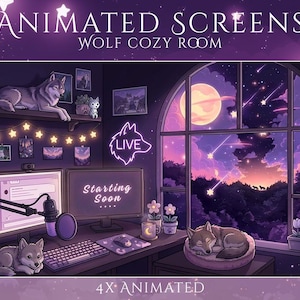 Puede incluir: Una ilustración digital de una habitación acogedora con temática de lobo, que presenta un escritorio con un monitor de computadora que muestra 'Starting Soon', un micrófono, teclado y ratón. Un letrero de neón de lobo brilla en la pared.