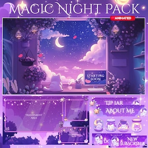 Magical Night Twitch Overlay, Twitch screen | Animated Overlay Stream Package, Cat Twitch | Cute Twitch Overlay | Aesthetic | star overlay
