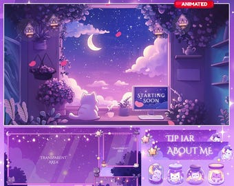 Magical Night Twitch Overlay, Twitch screen | Animated Overlay Stream Package, Cat Twitch | Cute Twitch Overlay | Aesthetic | star overlay