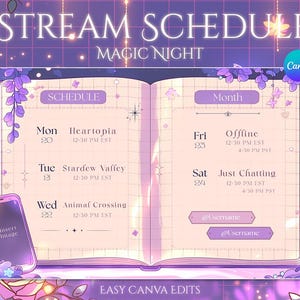 Puede incluir: Un dise&ntilde;o de programaci&oacute;n de transmisi&oacute;n digital con el texto "STREAM SCHEDULE MAGIC NIGHT". El dise&ntilde;o presenta una combinaci&oacute;n de colores p&uacute;rpura y rosa, un dise&ntilde;o de libro abierto y un tel&eacute;fono inteligente. El horario incluye d&iacute;as de la semana y horarios.