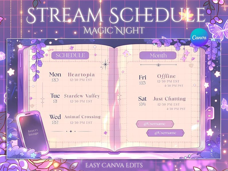 Puede incluir: Un dise&ntilde;o de programaci&oacute;n de transmisi&oacute;n digital con el texto "STREAM SCHEDULE MAGIC NIGHT". El dise&ntilde;o presenta una combinaci&oacute;n de colores p&uacute;rpura y rosa, un dise&ntilde;o de libro abierto y un tel&eacute;fono inteligente. El horario incluye d&iacute;as de la semana y horarios.