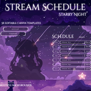 Peut inclure: Graphique numérique sur le thème d'une nuit étoilée violette. Les mots "Stream Schedule" sont en haut, avec des modèles Canva modifiables. L'emploi du temps comprend des champs pour les titres et les heures des flux. Une silhouette de personnage est en arrière-plan.