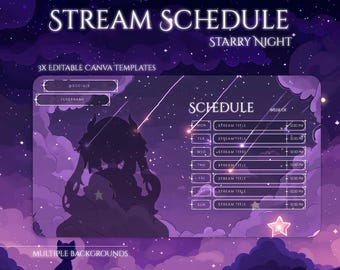 Starry Night Stream Schedule Template Canva Editable Twitch Weekly Planner Vtuber Streaming Overlay Panel Moon Star Magic Stream