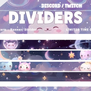 May include: A set of eight cute, pastel-colored dividers for Discord or Twitch. The dividers feature a starry night sky with planets, moons, and stars. The text "Discord/Twitch Dividers" is at the top of the image. The text "Lantern - Banner/Divider" is at the bottom of the image. The text "Limited Time Deal" is in the upper right corner of the image.