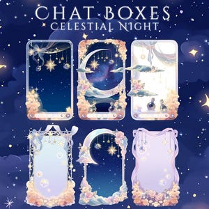 May include: Six digital chat box overlays titled CHAT BOXES CELESTIAL NIGHT. Each rectangular frame features a dark blue night sky theme with hanging stars, crescent moons, soft pink roses, clouds, and small glass potion bottles in various layouts.