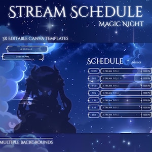 Peut inclure: Modèle numérique d'emploi du temps de diffusion avec un thème de ciel nocturne. Il comprend un tableau d'horaire, des champs de médias sociaux et le texte "STREAM SCHEDULE MAGIC NIGHT". Plusieurs arrière-plans sont proposés.