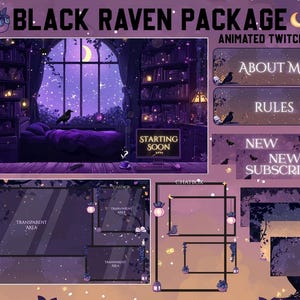 Könnte beinhalten: Animiertes Twitch-Paket mit einem lila und schwarzen Farbschema. Das Paket enthält einen Startbildschirm, eine Chatbox, Über mich, Regeln, einen neuen Abonnenten und neue Benachrichtigungen. Der Hintergrund zeigt einen Raben, ein Fenster mit einer Mondsichel und ein Bücherregal.