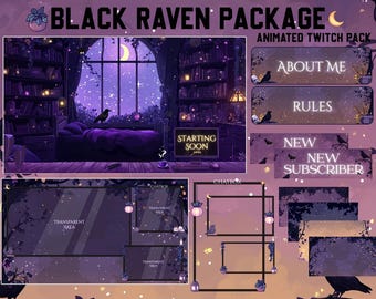 Black Raven Stream Package / Moon / Crow / Purple / Books / Overlay / Bird / Twitch screen / Twitch Overlay / Witch | Cozy | Animated | Dark