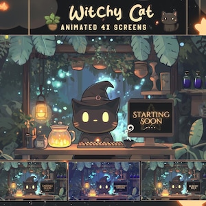 May include: Animated digital art featuring a black cat wearing a witch hat, sitting at a desk with a computer displaying "Starting Soon." The scene includes a cozy, magical aesthetic with plants, lanterns, and potion bottles. The title "Witchy Cat" is at the top.