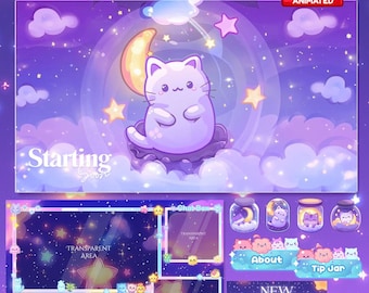 Magical Night Twitch Overlay, Twitch screen | Animated Overlay Stream Package, Cat Twitch | Cute Twitch Overlay | Aesthetic | star overlay