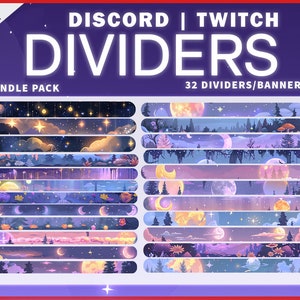 Może przedstawiać: Zestaw 32 cyfrowych dzielników lub banerów do Discorda lub Twitcha. Dzielniki mają motyw nocnego nieba z gwiazdami, księżycami i chmurami w odcieniach fioletu, błękitu i żółci.