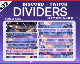 May include: A set of 32 digital dividers or banners for Discord or Twitch. The dividers feature a night sky theme with stars, moons, and clouds in shades of purple, blue, and yellow.