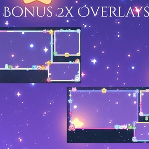May include: Two Twitch stream overlays with a space theme. The overlays are in a purple and blue color scheme with stars and a galaxy background. The overlays have a chat box, a title card, and a donation bar. The text "Bonus 2x Overlays" is at the top of the image.