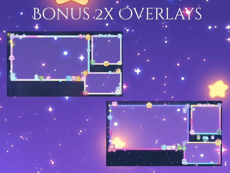 May include: Two Twitch stream overlays with a space theme. The overlays are in a purple and blue color scheme with stars and a galaxy background. The overlays have a chat box, a title card, and a donation bar. The text "Bonus 2x Overlays" is at the top of the image.