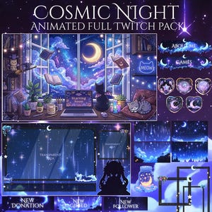 May include: A digital art pack for Twitch streamers, themed "Cosmic Night." The design includes a starry night sky, a crescent moon, and a room with a laptop showing "Starting Soon." It features animated overlays, panels, and a "Meow" neon sign.