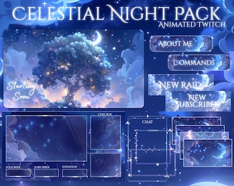 Forest Night Tree Twitch Overlay, Glowing Magical Night, Celestial Sky, Crescent Moon, Cosmic Stream Pack, Vtuber Animated, Twitch overlay