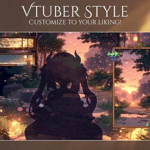 May include: Digital art featuring a silhouette of a character with horns, set against a dreamy landscape with a sunset sky. The image includes text that reads "VTUBER STYLE" and "CUSTOMIZE TO YOUR LIKING!" with decorative frames.