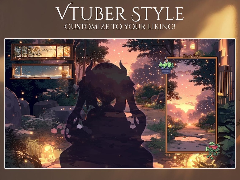 May include: Digital art featuring a silhouette of a character with horns, set against a dreamy landscape with a sunset sky. The image includes text that reads "VTUBER STYLE" and "CUSTOMIZE TO YOUR LIKING!" with decorative frames.
