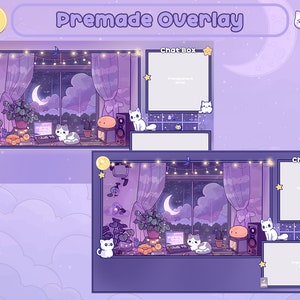 May include: Purple and blue Twitch overlay with a night sky view from a window, a moon, stars, and clouds. The overlay includes a chat box, a title area, and a space for a webcam. There are also cute cartoon cats and a string of lights.