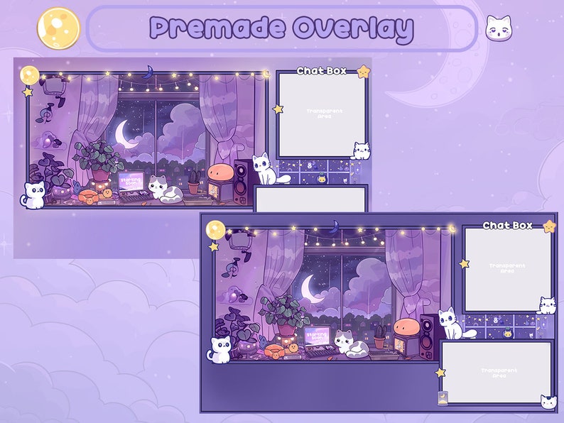 May include: Purple and blue Twitch overlay with a night sky view from a window, a moon, stars, and clouds. The overlay includes a chat box, a title area, and a space for a webcam. There are also cute cartoon cats and a string of lights.