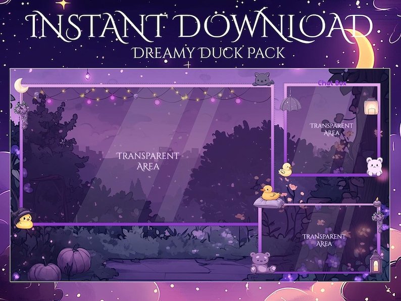 K&ouml;nnte beinhalten: Lila und rosa Twitch-Stream-Overlay mit einer vertr&auml;umten Waldszene. Das Overlay enth&auml;lt eine Chatbox, einen transparenten Bereich f&uuml;r eine Webcam und einen Titelbereich mit der Aufschrift "Dreamy Duck Pack".