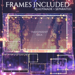 Puede incluir: Marcos de arte digital con un &aacute;rea transparente, con un dise&ntilde;o so&ntilde;ador y caprichoso. Los marcos incluyen detalles florales y de estrellas, con el texto "FRAMES INCLUDED" y "READYMADE + SEPARATED". La paleta de colores incluye morado, rosa y dorado.