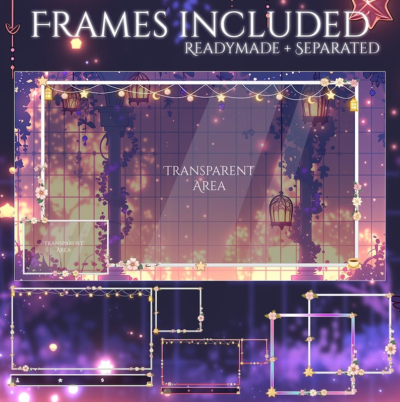 Puede incluir: Marcos de arte digital con un &aacute;rea transparente, con un dise&ntilde;o so&ntilde;ador y caprichoso. Los marcos incluyen detalles florales y de estrellas, con el texto "FRAMES INCLUDED" y "READYMADE + SEPARATED". La paleta de colores incluye morado, rosa y dorado.