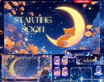 Fox Magic Night Twitch Overlay, Twitch screen | Animated Overlays Stream Package, Crescent | Cute Twitch Overlay | Aesthetic, star Screens