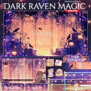 May include: A digital art Twitch pack with a dark, magical theme. The design features a background with books, skulls, ravens, and the text "Starting Soon." Additional elements include animated overlays and panels with floral and star accents.