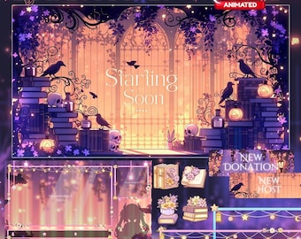 Paquete de transmisión de Black Raven / Luna / Floral / Morado / Libros / Superposición / Pantalla de Twitch / Superposición de Twitch / Bruja / Acogedor / Animado / Oscuro