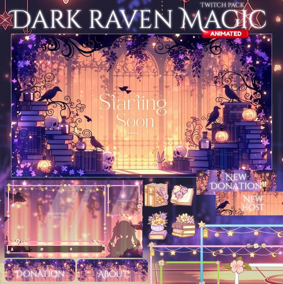 Black Raven Stream Package / Moon / Floral / Purple / Books / Overlay / Twitch screen / Twitch Overlay / Witch | Cozy | Animated | Dark